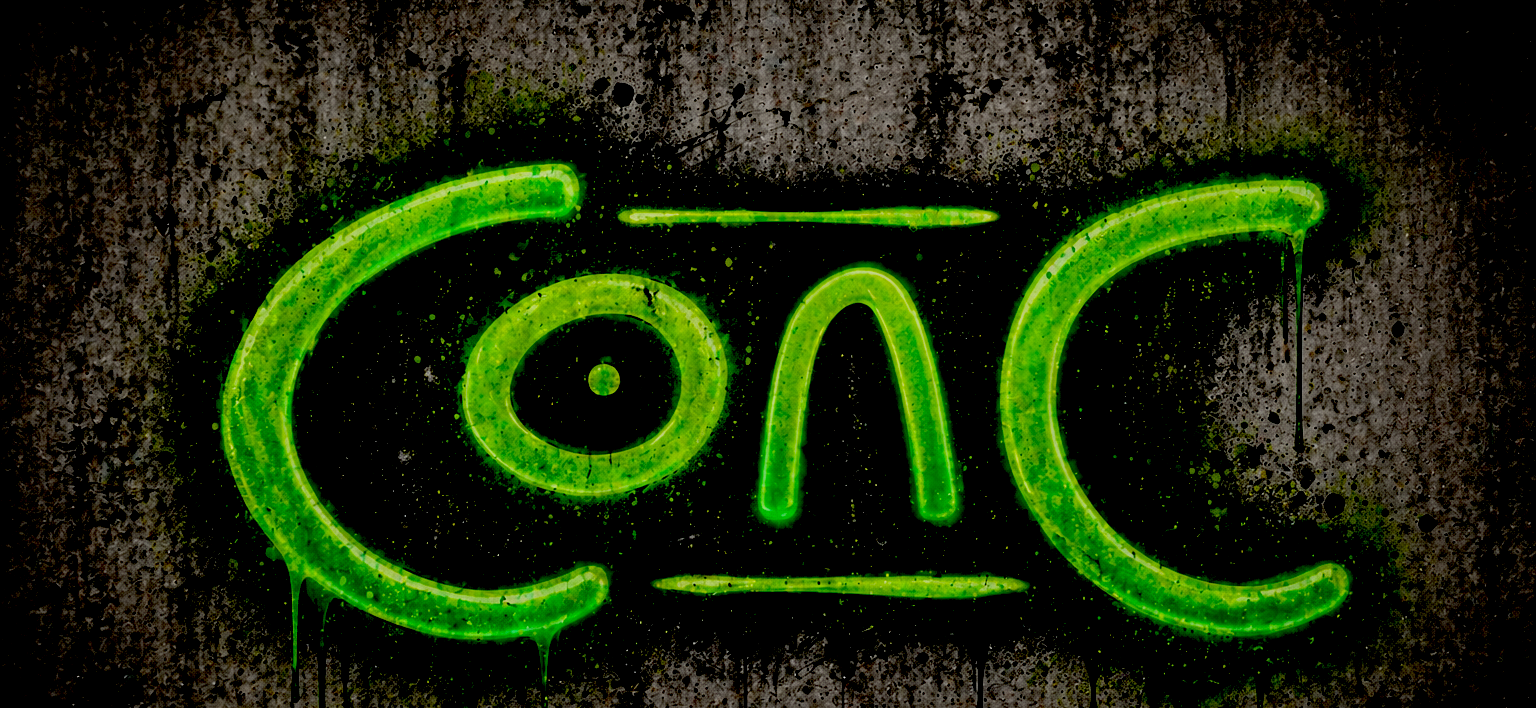 CONC logo. The word CONC on a concrete wall. The logo looks like graffiti, but the lettering appears to be made of slime.